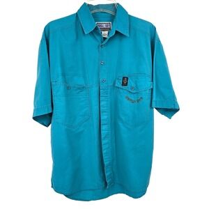 Vtg 80s Bugle Boy Teal Button Up Short Sleeve Pockets Collared Shirt Small